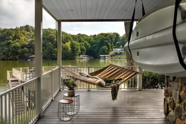 Trex Transcend Lineage Composite Deck Rainier colour next to lake