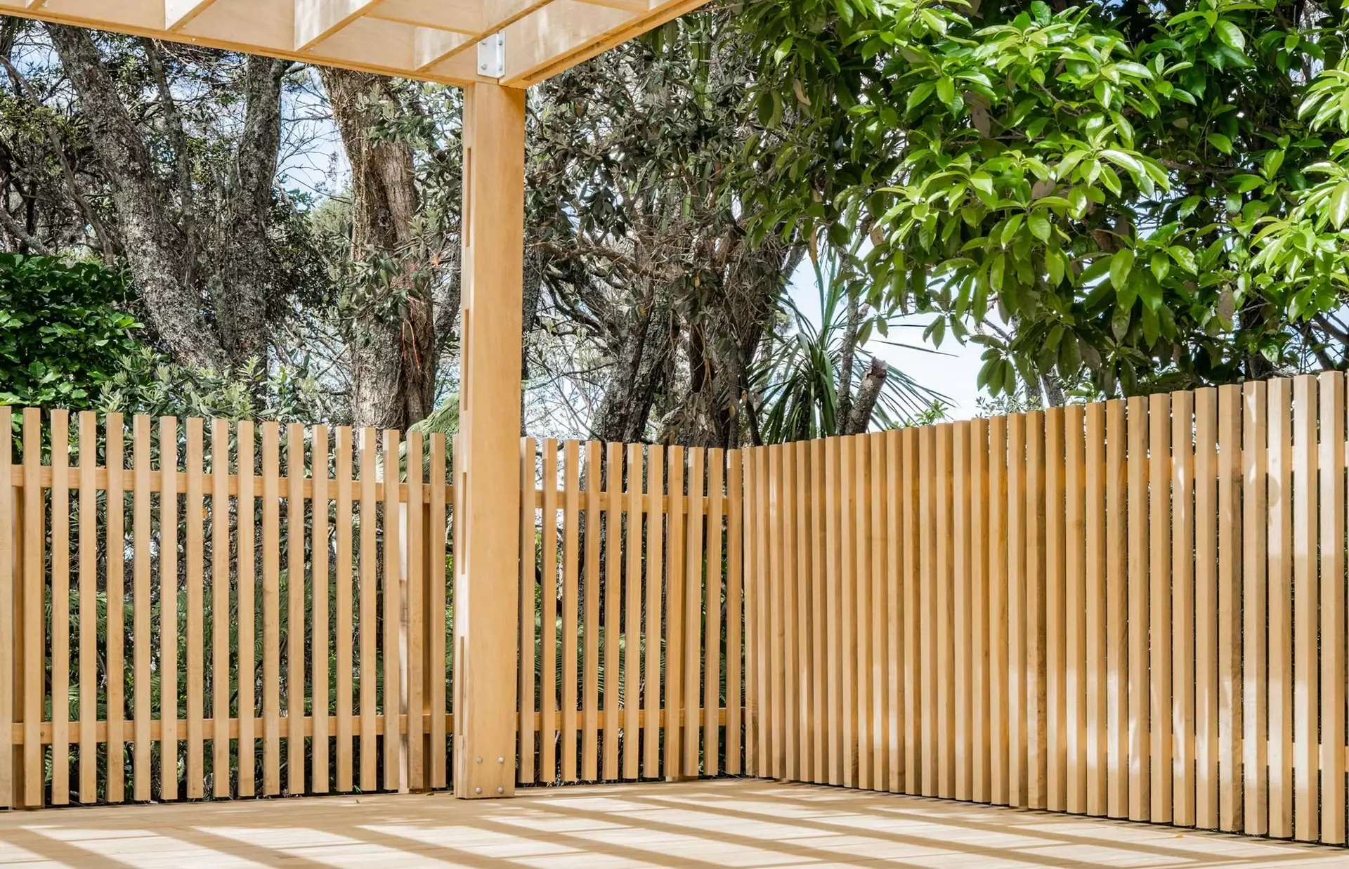 Area of timber deck and fence with pergola support